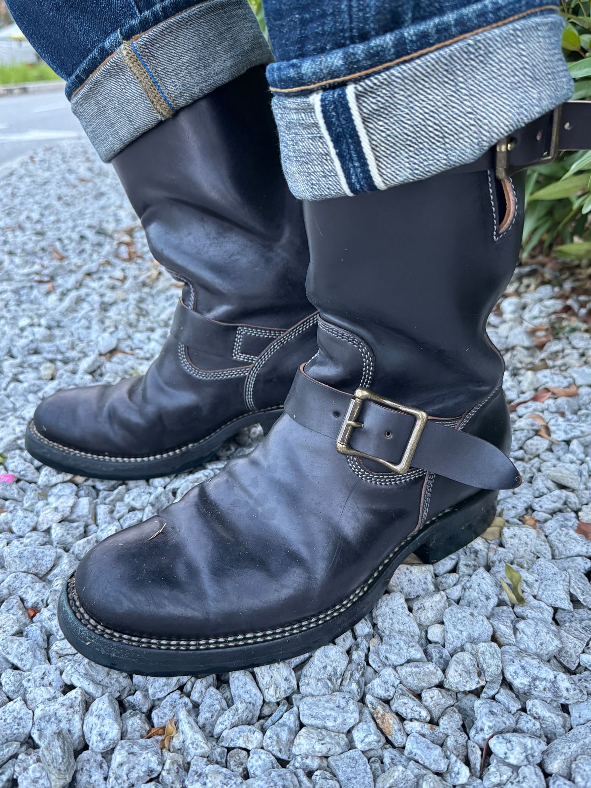 Photo by mk_alexchong on January 21, 2026 of the Flame Panda Engineer Boot in FP Natural Shell cordovan - Overdyed Brown Then Black.