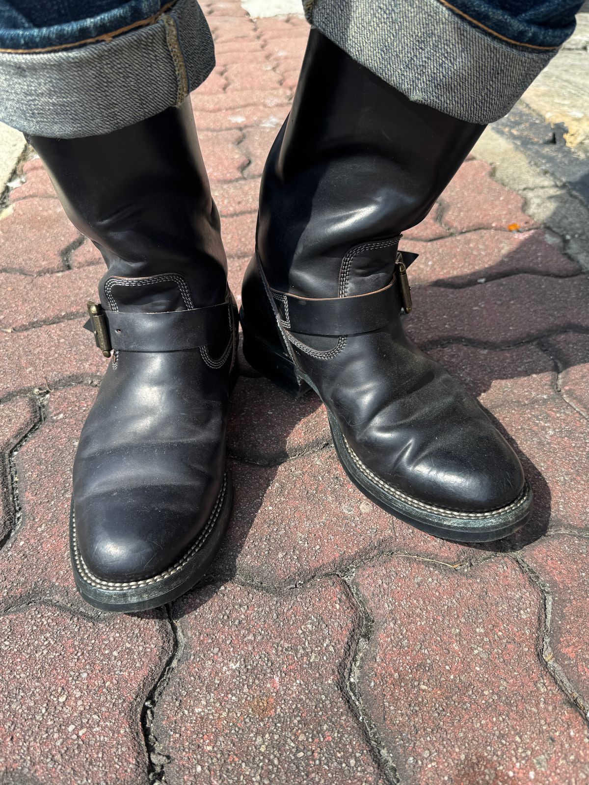 Photo by mk_alexchong on January 25, 2026 of the Flame Panda Engineer Boot in FP Natural Shell cordovan - Overdyed Brown Then Black.