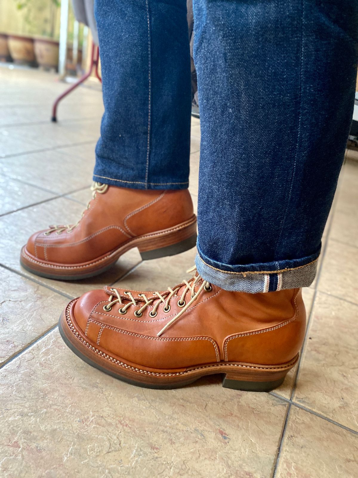 Photo by mk_alexchong on November 8, 2023 of the Flame Panda Monkey Boot in Tochigi Natural Cowhide & Maryam Natural Horsebutt.