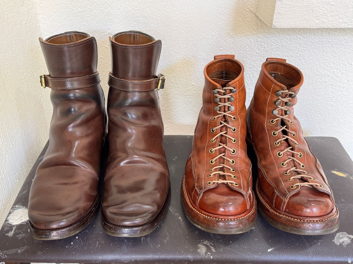 Photo by mk_alexchong on February 22, 2025 of the Flame Panda Monkey Boot in Tochigi Natural Cowhide & Maryam Natural Horsebutt.