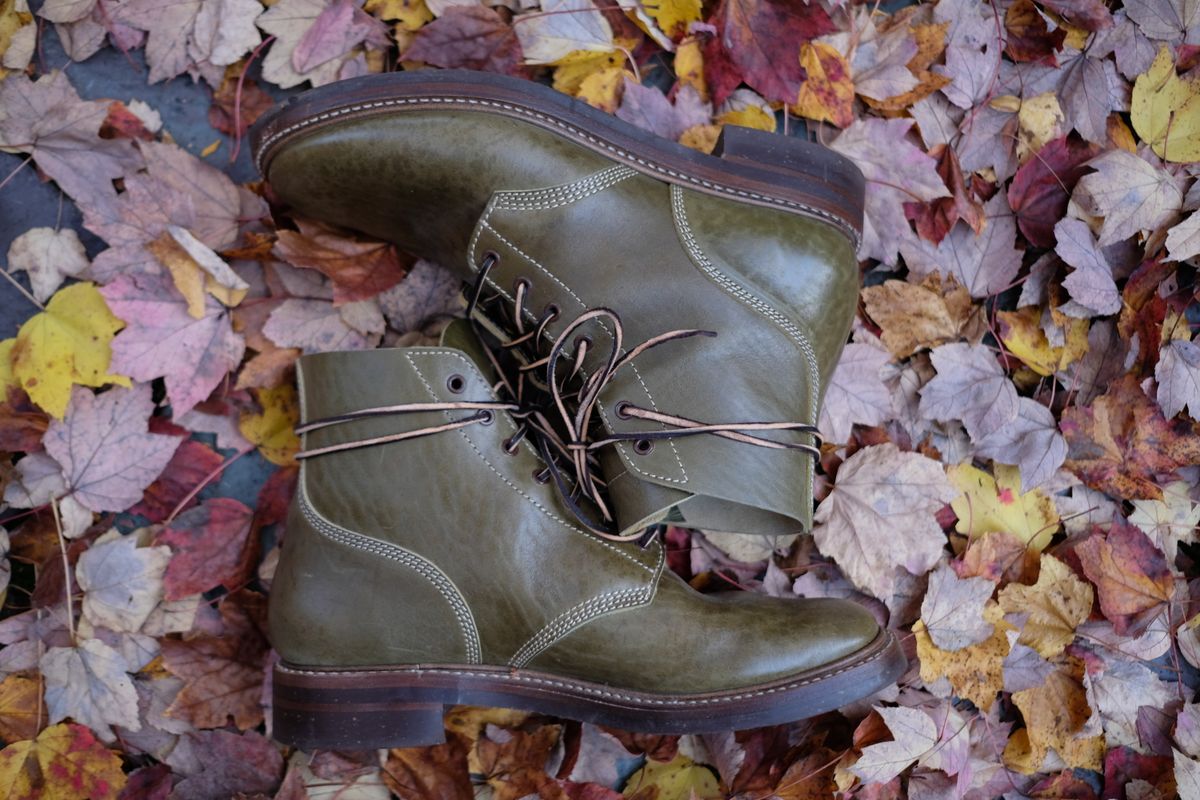 Photo by jononono on November 5, 2022 of the John Lofgren M-43 Service Shoes in Shinki Olive Shrunken Horsebutt.