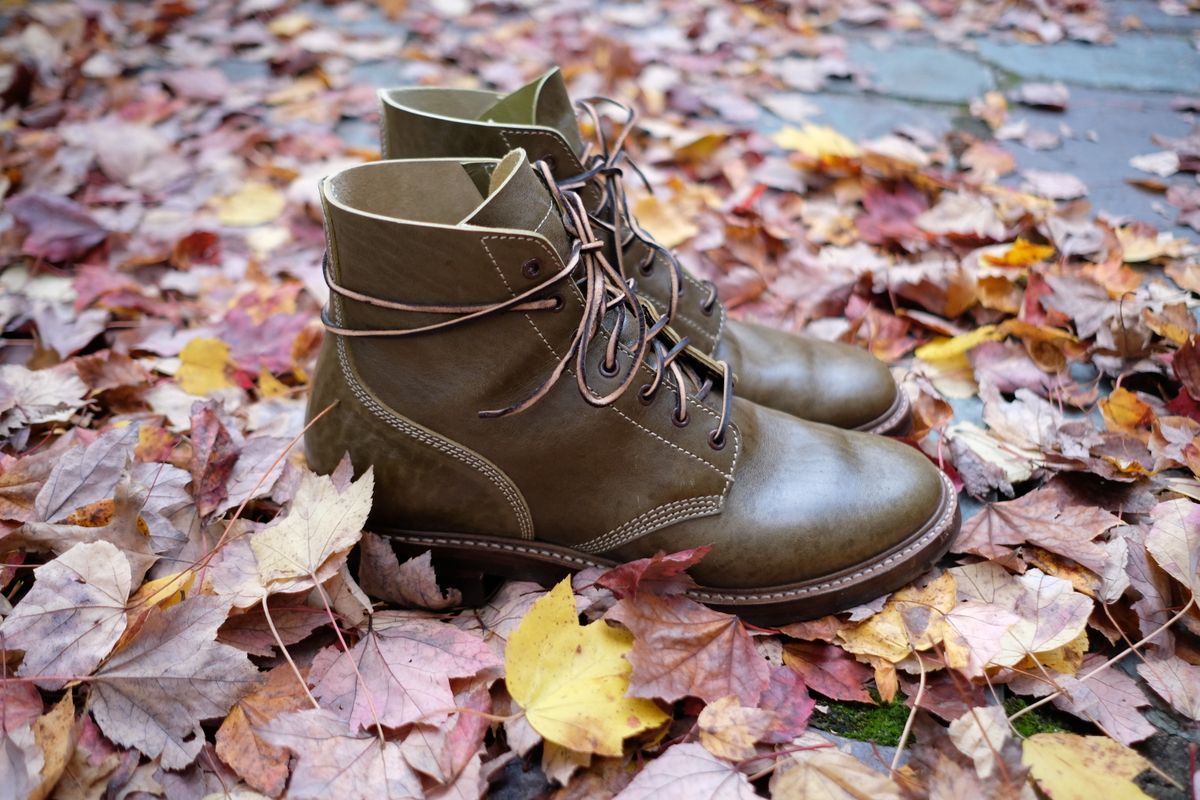 Photo by jononono on November 5, 2022 of the John Lofgren M-43 Service Shoes in Shinki Olive Shrunken Horsebutt.