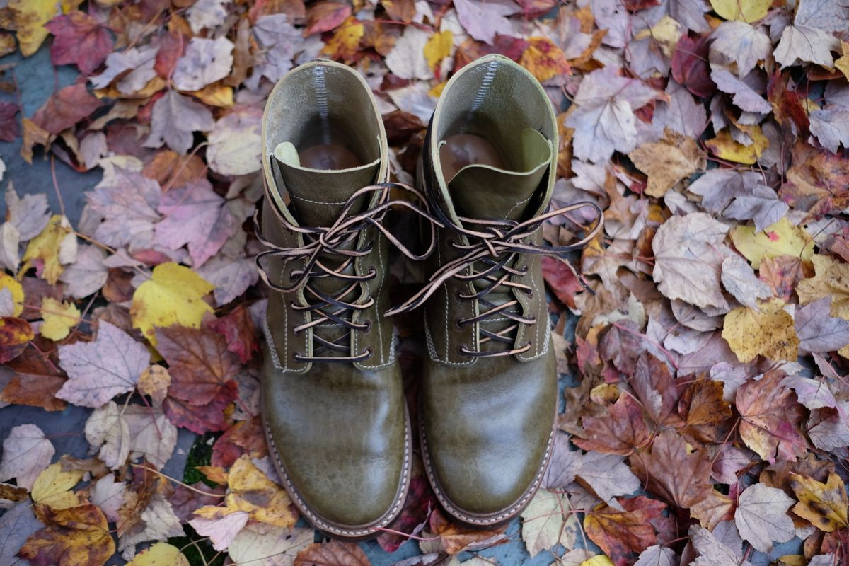 Photo by jononono on November 5, 2022 of the John Lofgren M-43 Service Shoes in Shinki Olive Shrunken Horsebutt.
