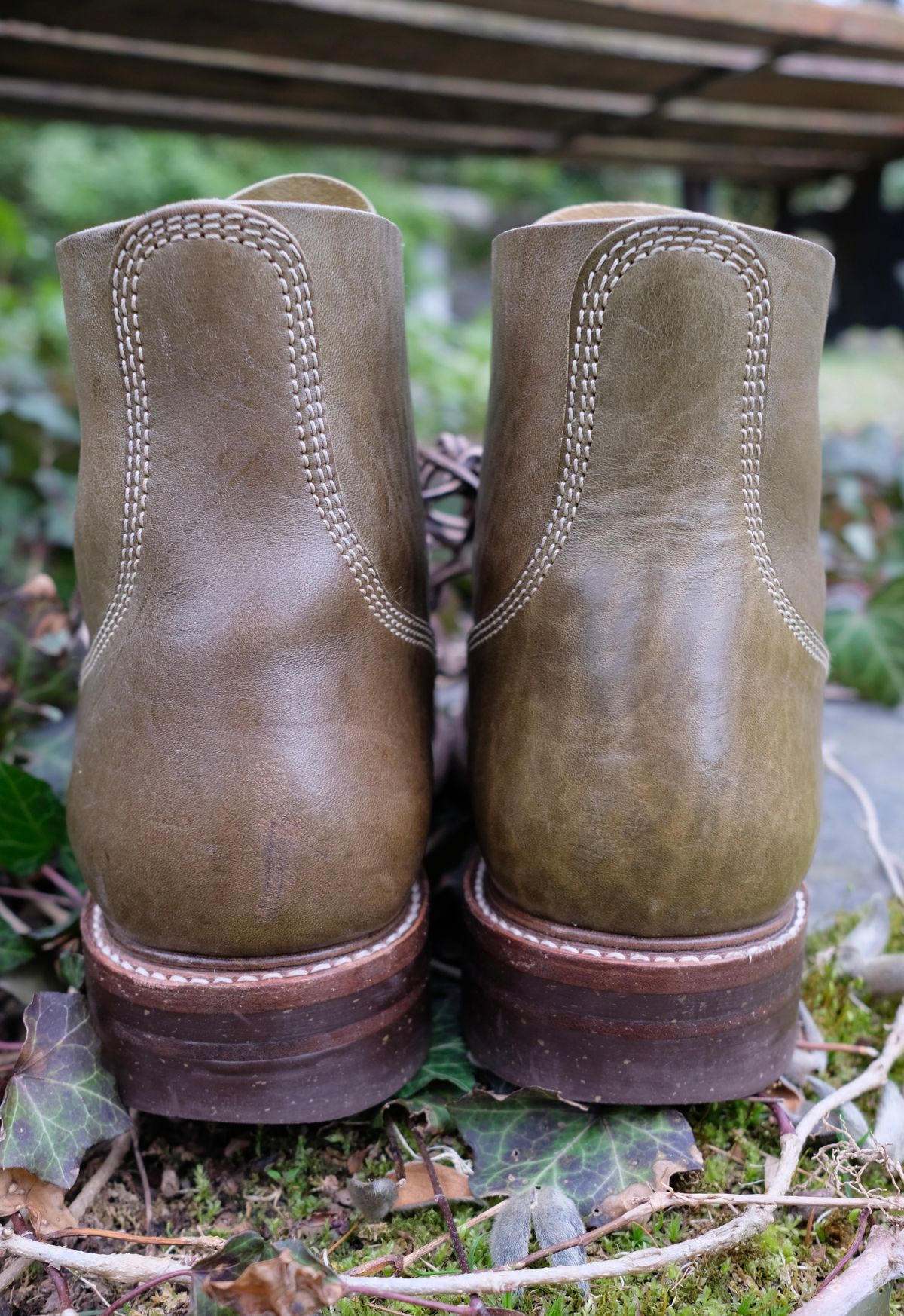 Photo by jononono on April 6, 2023 of the John Lofgren M-43 Service Shoes in Shinki Olive Shrunken Horsebutt.