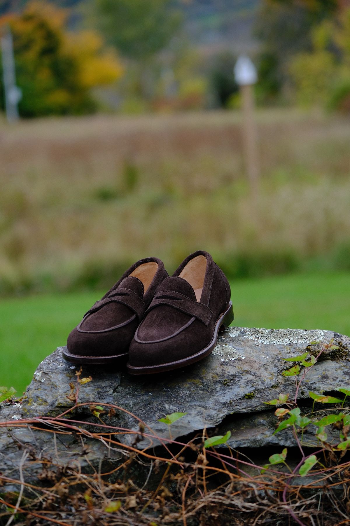 Photo by jononono on October 10, 2024 of the Grant Stone Clara Penny Loafer in C.F. Stead Espresso Repello Calf Suede.