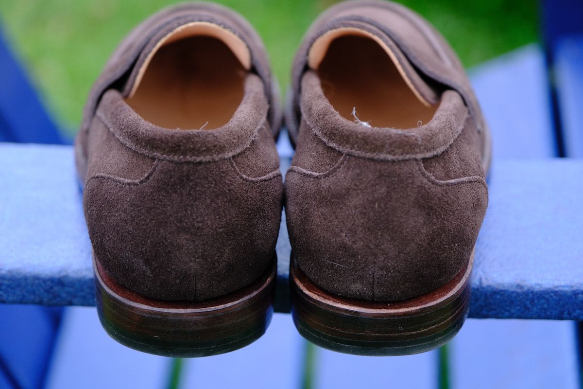 Photo by jononono on October 10, 2024 of the Grant Stone Clara Penny Loafer in C.F. Stead Espresso Repello Calf Suede.