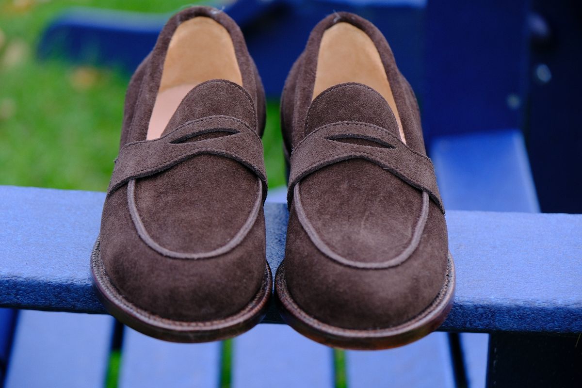 Photo by jononono on October 10, 2024 of the Grant Stone Clara Penny Loafer in C.F. Stead Espresso Repello Calf Suede.
