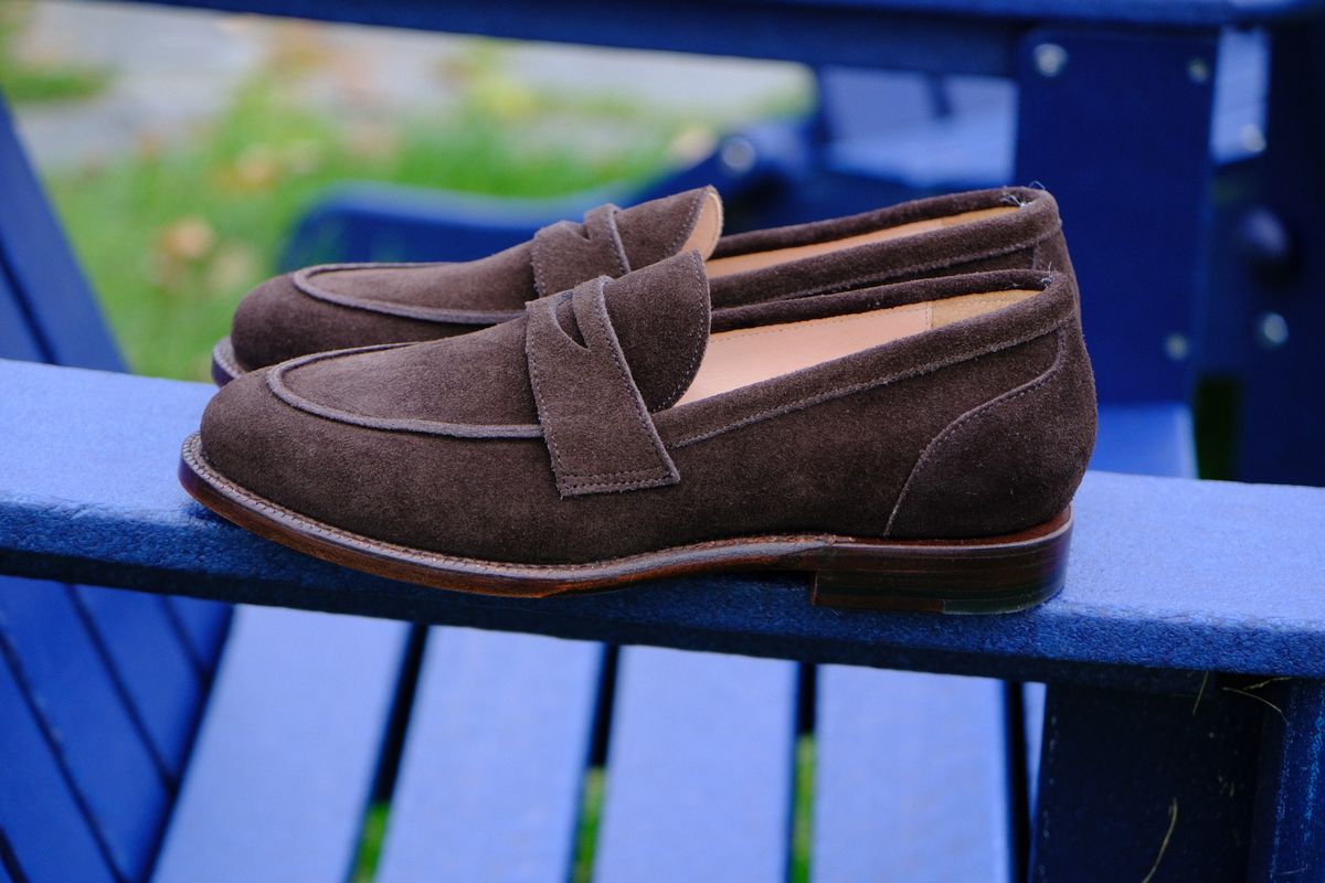 Photo by jononono on October 10, 2024 of the Grant Stone Clara Penny Loafer in C.F. Stead Espresso Repello Calf Suede.