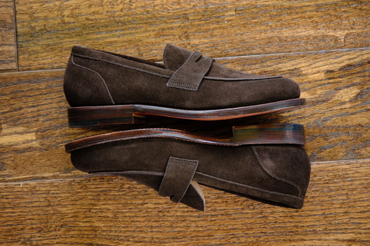 Photo by jononono on October 10, 2024 of the Grant Stone Clara Penny Loafer in C.F. Stead Espresso Repello Calf Suede.