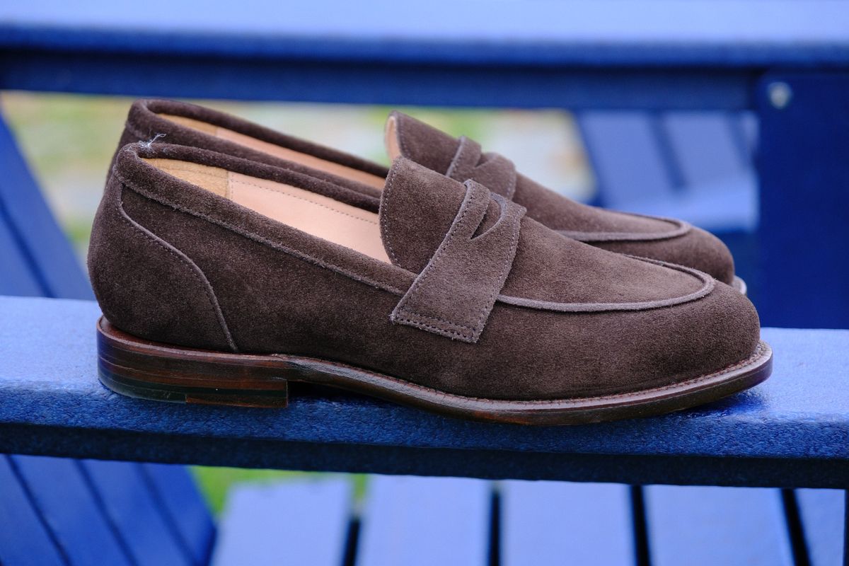 Photo by jononono on October 10, 2024 of the Grant Stone Clara Penny Loafer in C.F. Stead Espresso Repello Calf Suede.