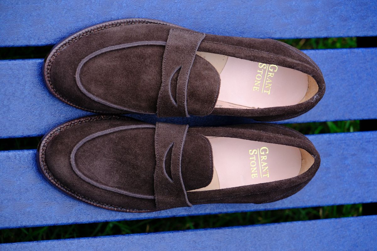 Photo by jononono on October 10, 2024 of the Grant Stone Clara Penny Loafer in C.F. Stead Espresso Repello Calf Suede.