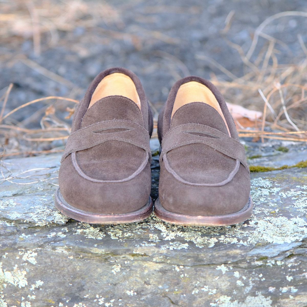 Photo by jononono on November 5, 2024 of the Grant Stone Clara Penny Loafer in C.F. Stead Espresso Repello Calf Suede.