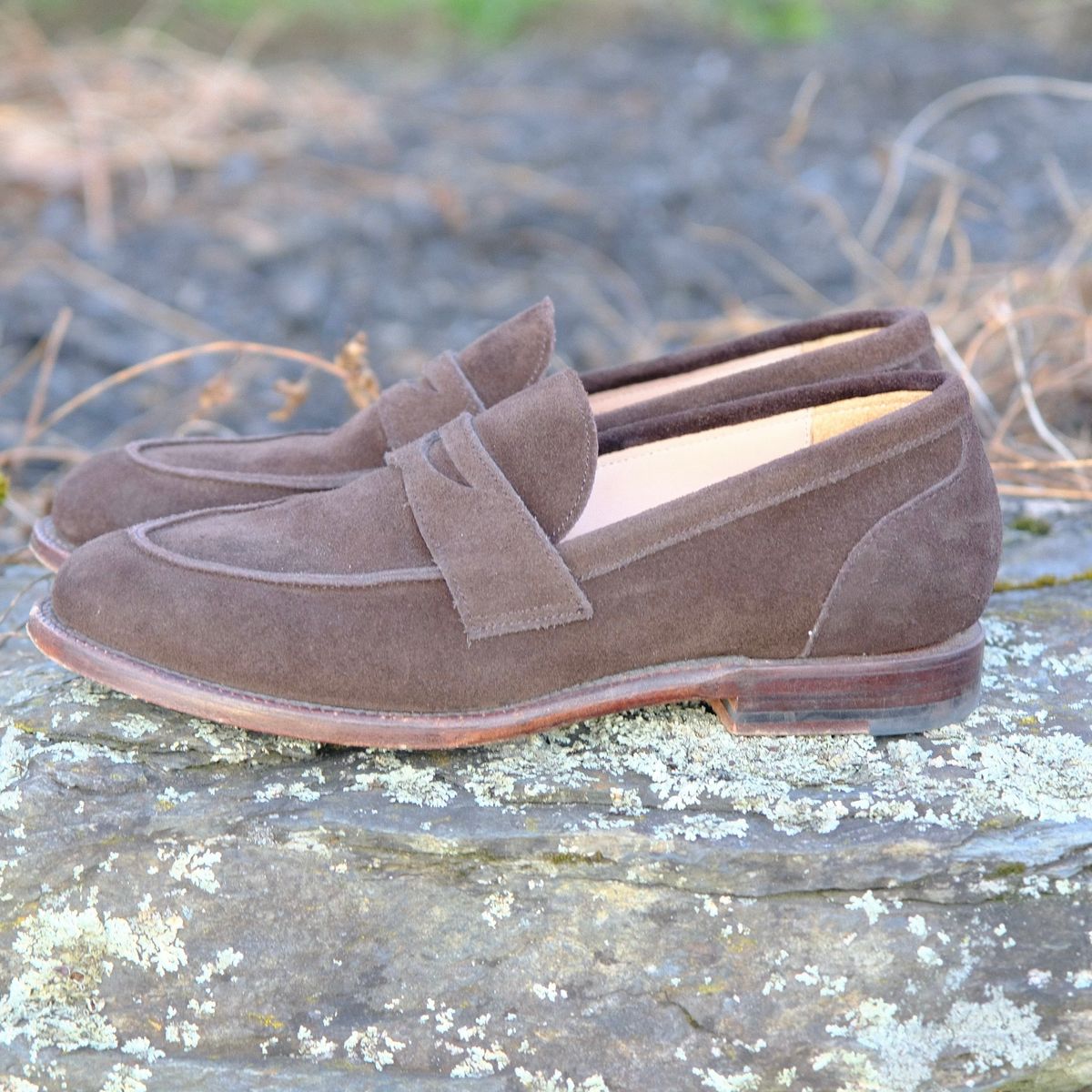 Photo by jononono on November 5, 2024 of the Grant Stone Clara Penny Loafer in C.F. Stead Espresso Repello Calf Suede.