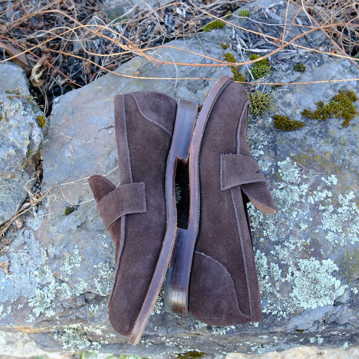 Photo by jononono on November 5, 2024 of the Grant Stone Clara Penny Loafer in C.F. Stead Espresso Repello Calf Suede.