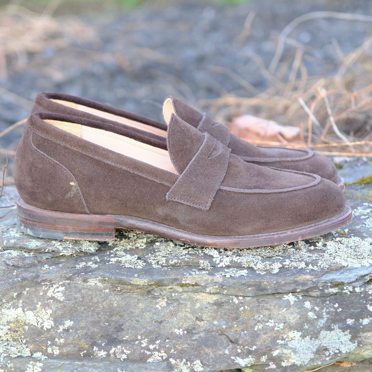 Photo by jononono on November 5, 2024 of the Grant Stone Clara Penny Loafer in C.F. Stead Espresso Repello Calf Suede.