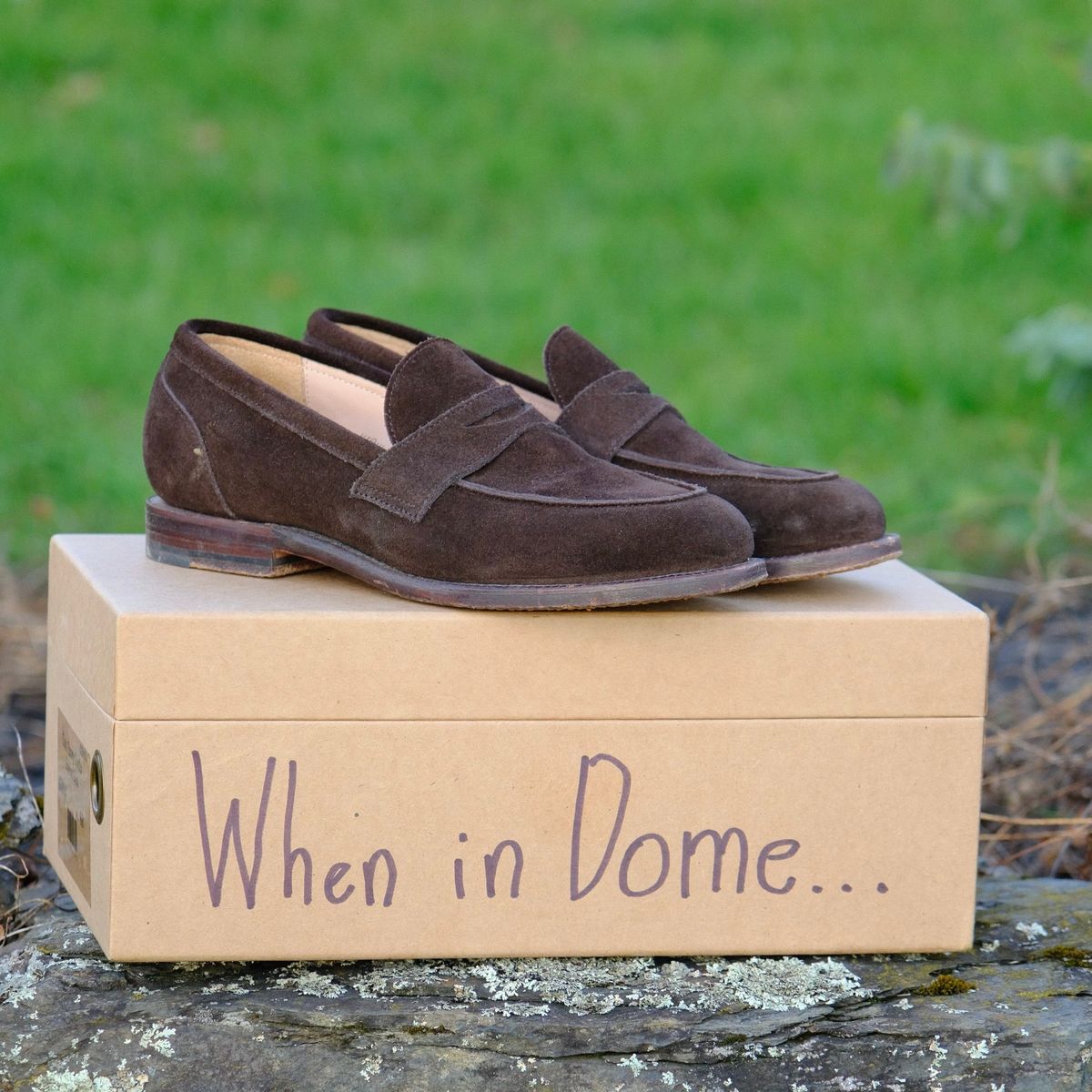 Photo by jononono on November 5, 2024 of the Grant Stone Clara Penny Loafer in C.F. Stead Espresso Repello Calf Suede.