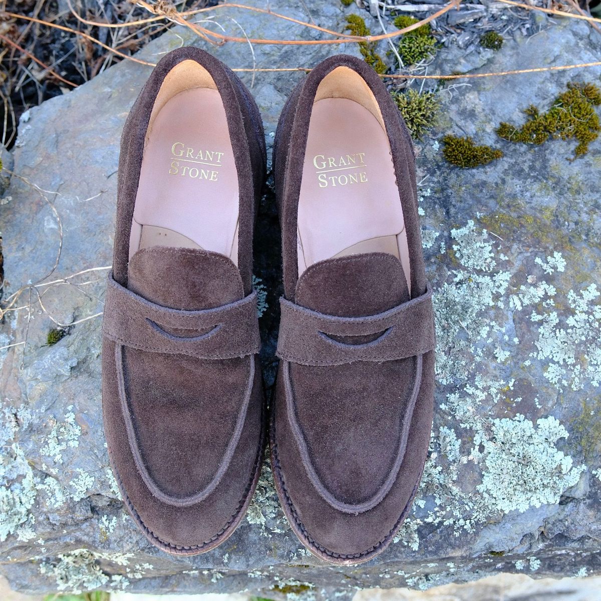 Photo by jononono on November 5, 2024 of the Grant Stone Clara Penny Loafer in C.F. Stead Espresso Repello Calf Suede.