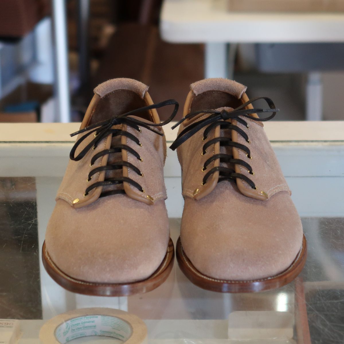 Photo by LarryStyles on October 3, 2023 of the Unsung Prototype Service Shoes in Wickett & Craig Natural Latigo Roughout.