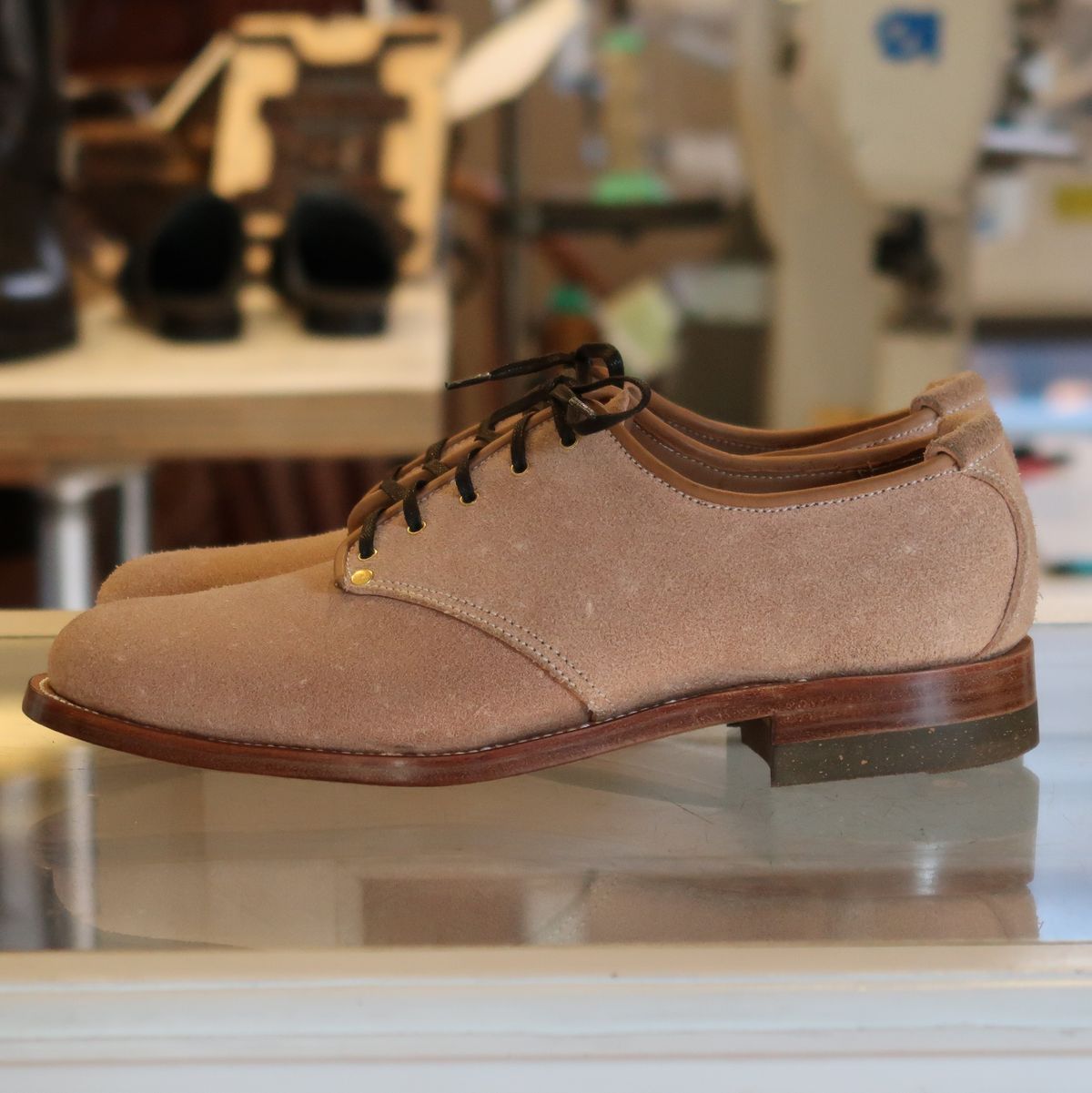 Photo by LarryStyles on October 3, 2023 of the Unsung Prototype Service Shoes in Wickett & Craig Natural Latigo Roughout.
