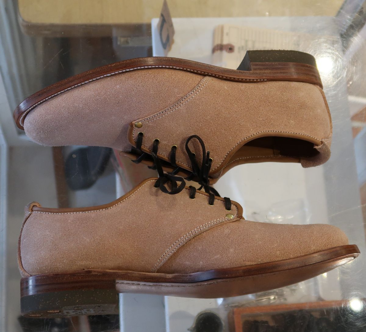 Photo by LarryStyles on October 3, 2023 of the Unsung Prototype Service Shoes in Wickett & Craig Natural Latigo Roughout.