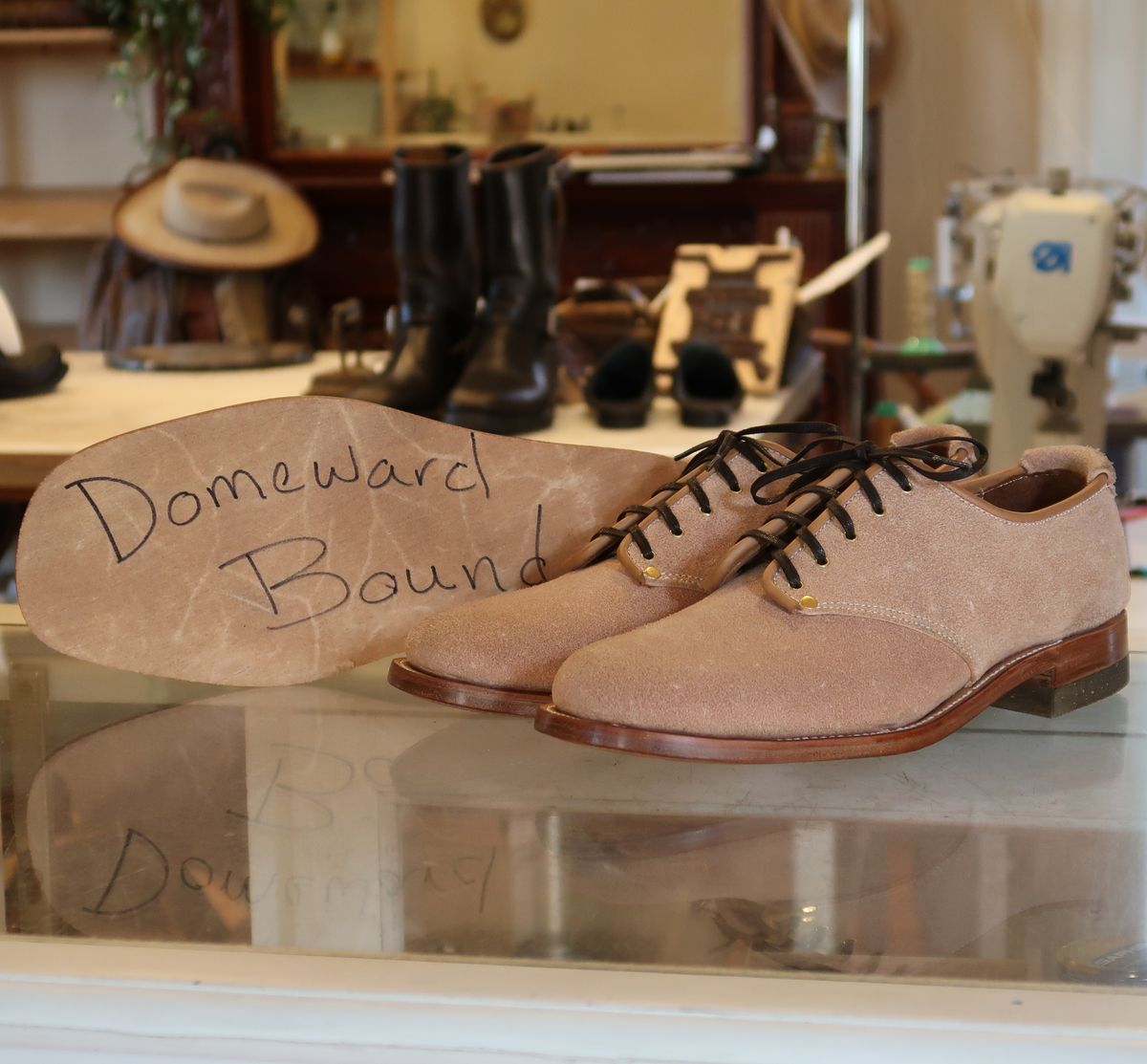 Photo by LarryStyles on October 3, 2023 of the Unsung Prototype Service Shoes in Wickett & Craig Natural Latigo Roughout.