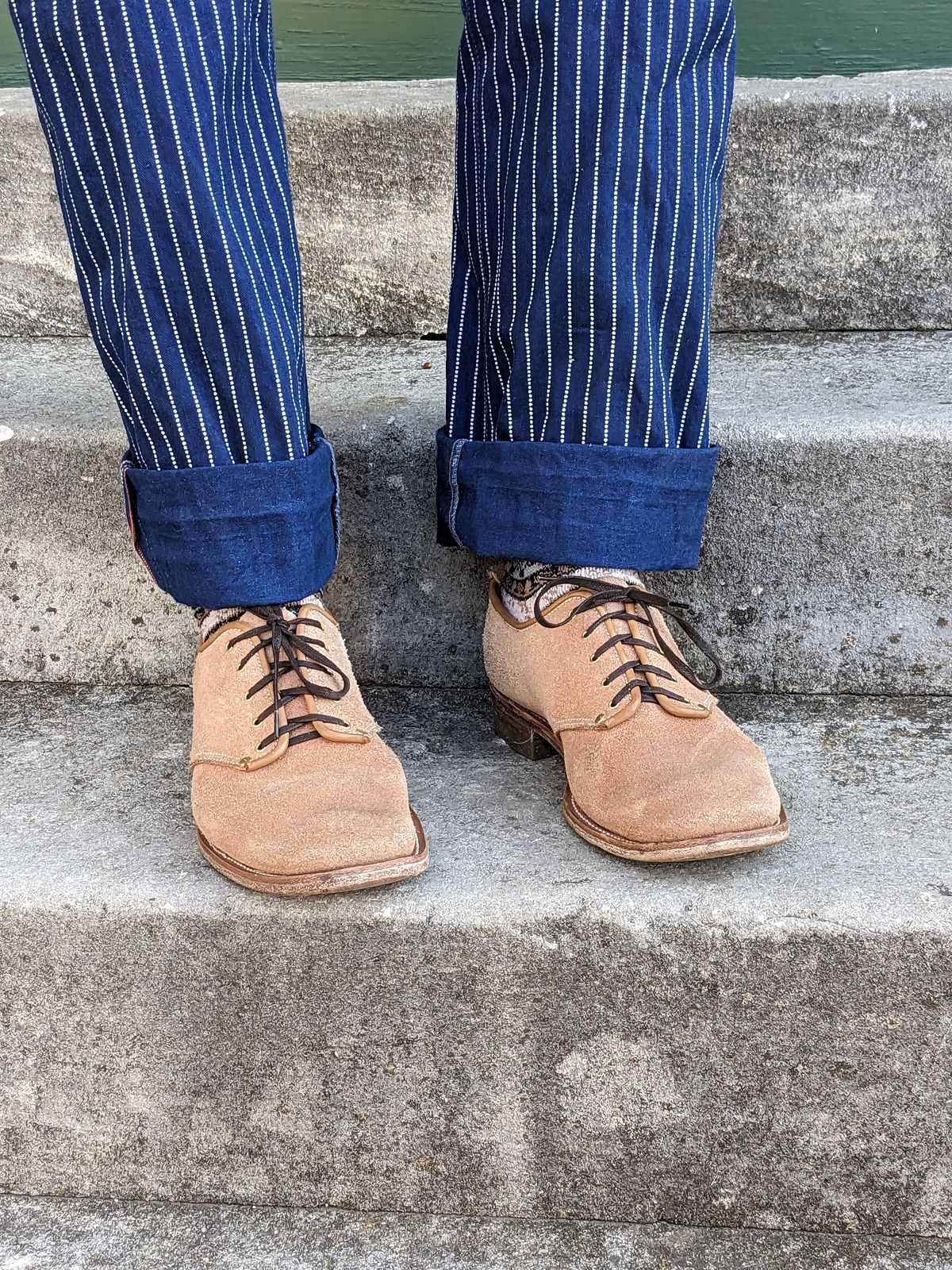 Photo by LarryStyles on November 1, 2023 of the Unsung Prototype Service Shoes in Wickett & Craig Natural Latigo Roughout.