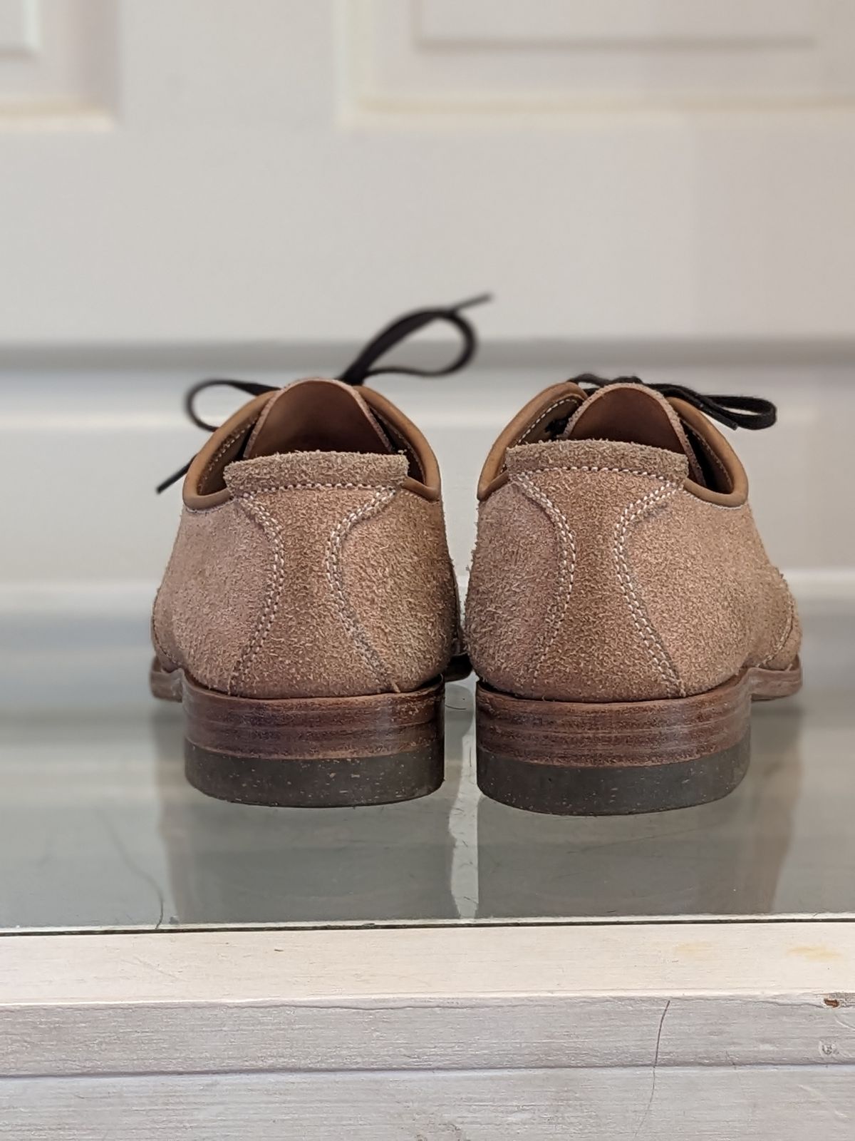 Photo by LarryStyles on November 1, 2023 of the Unsung Prototype Service Shoes in Wickett & Craig Natural Latigo Roughout.