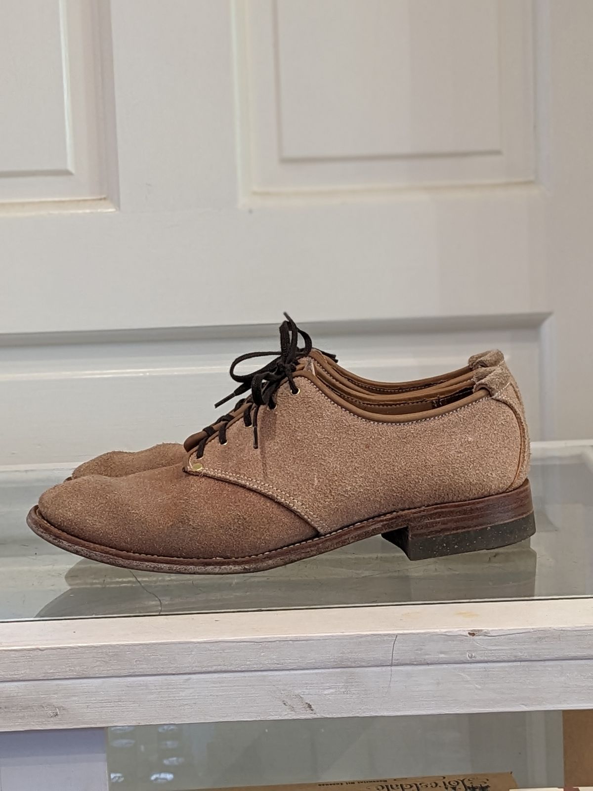 Photo by LarryStyles on November 1, 2023 of the Unsung Prototype Service Shoes in Wickett & Craig Natural Latigo Roughout.