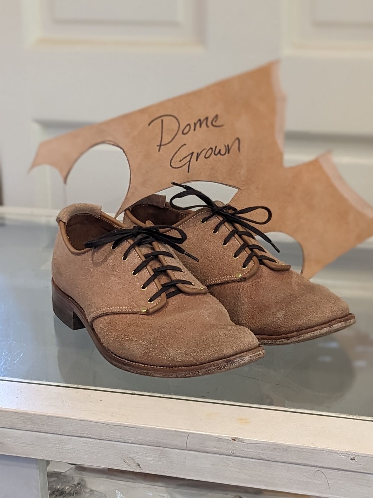 Photo by LarryStyles on November 1, 2023 of the Unsung Prototype Service Shoes in Wickett & Craig Natural Latigo Roughout.