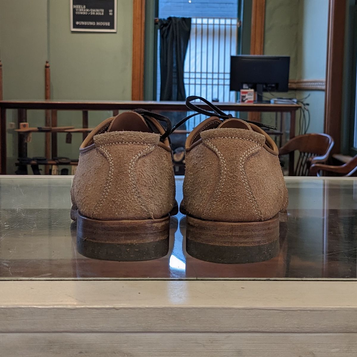 Photo by LarryStyles on December 2, 2023 of the Unsung Prototype Service Shoes in Wickett & Craig Natural Latigo Roughout.