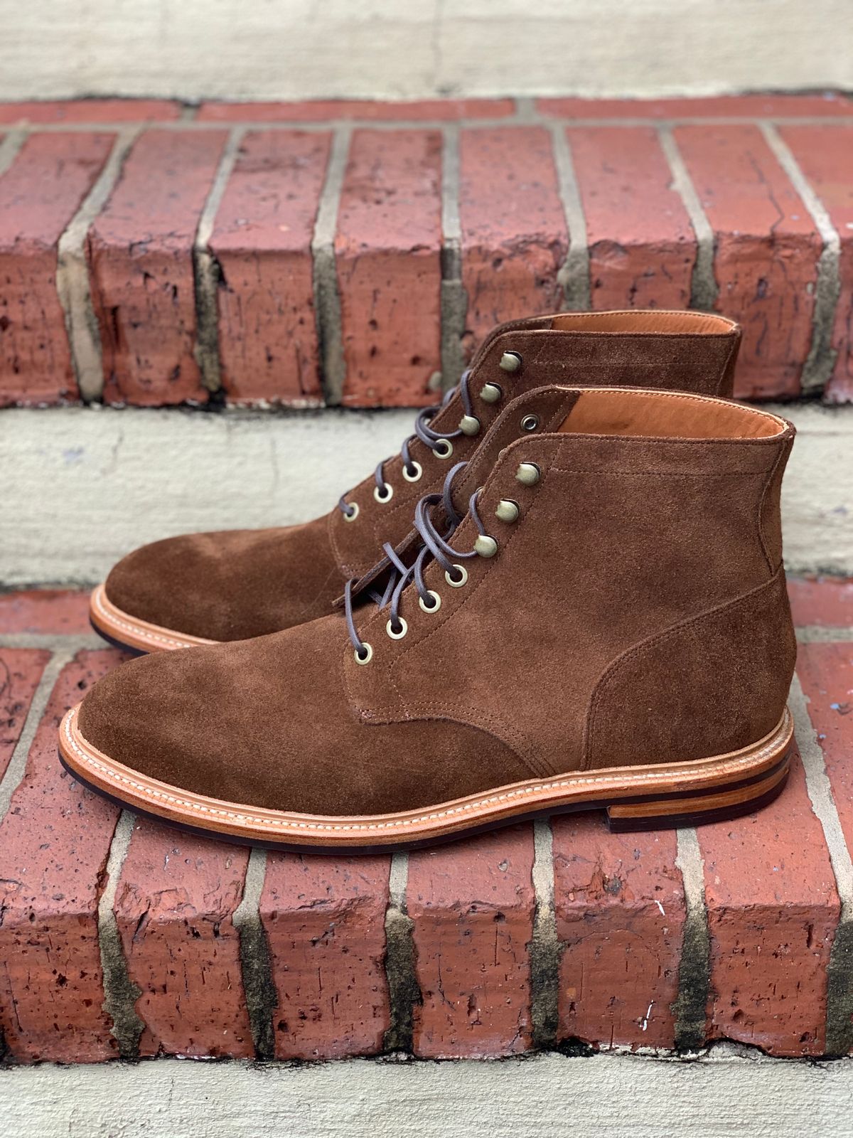 Photo by Sticks_and_Stones on October 1, 2022 of the Grant Stone Diesel Boot in C.F. Stead Bourbon Repello Calf Suede.