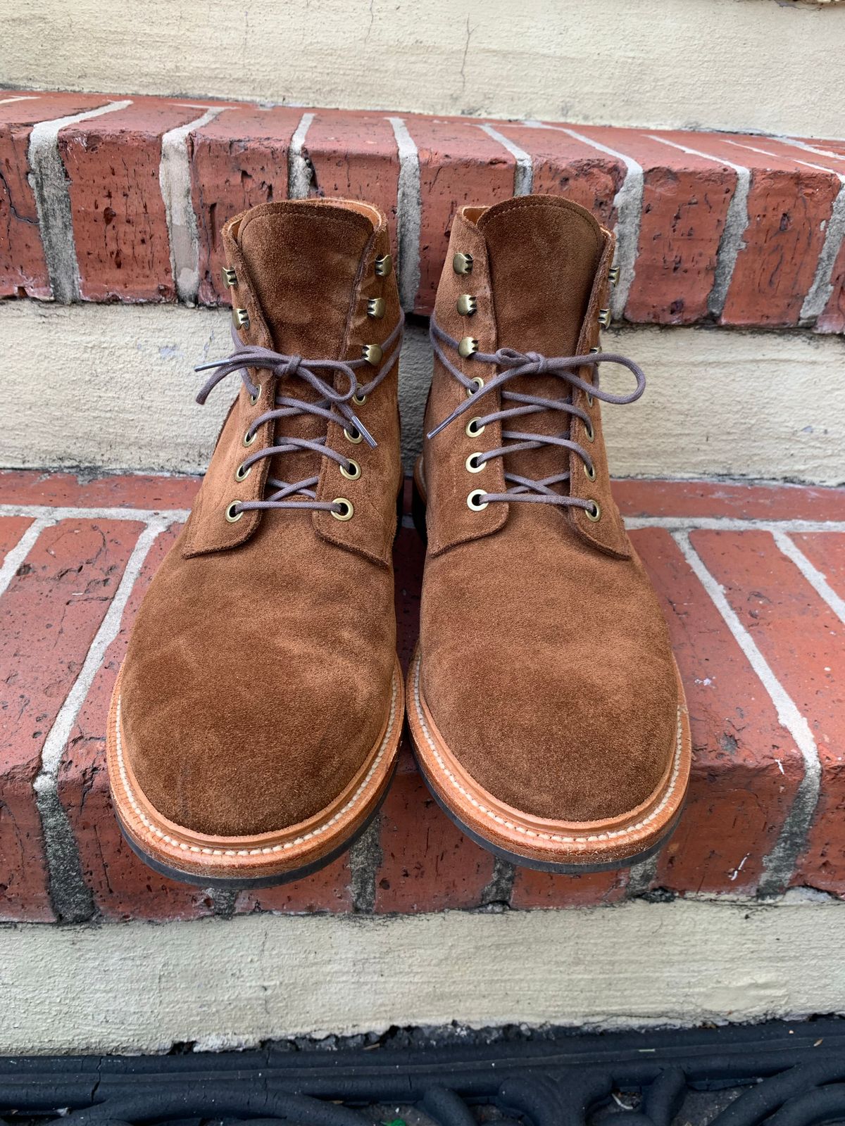 Photo by Sticks_and_Stones on November 5, 2022 of the Grant Stone Diesel Boot in C.F. Stead Bourbon Repello Calf Suede.