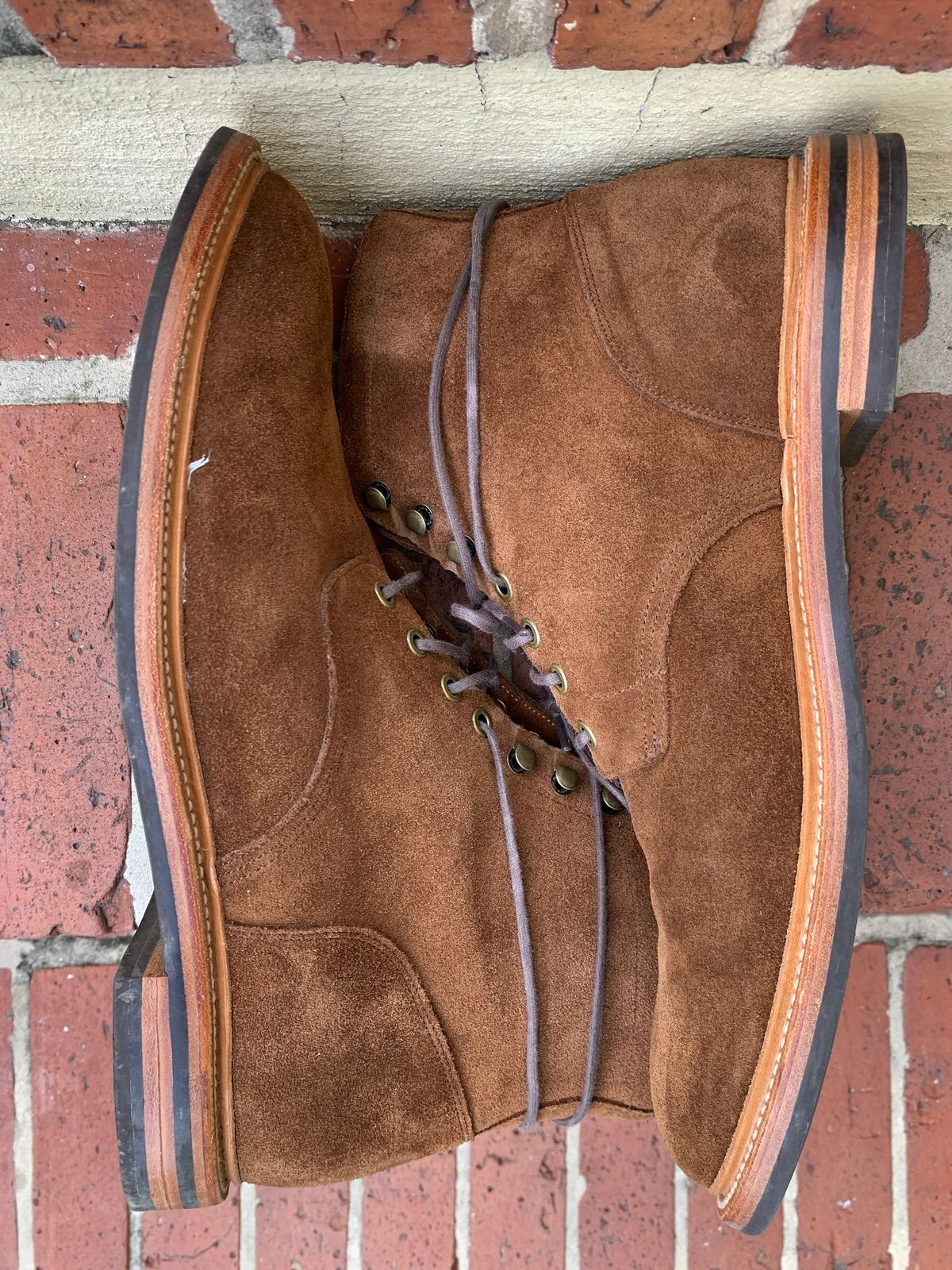 Photo by Sticks_and_Stones on November 5, 2022 of the Grant Stone Diesel Boot in C.F. Stead Bourbon Repello Calf Suede.