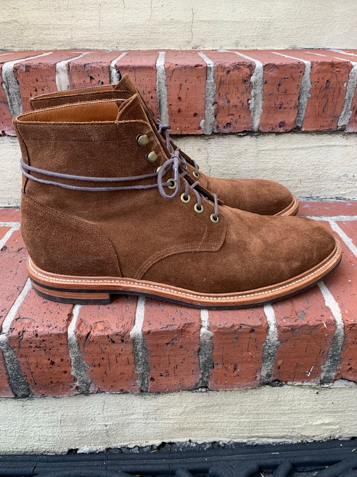Photo by Sticks_and_Stones on November 5, 2022 of the Grant Stone Diesel Boot in C.F. Stead Bourbon Repello Calf Suede.