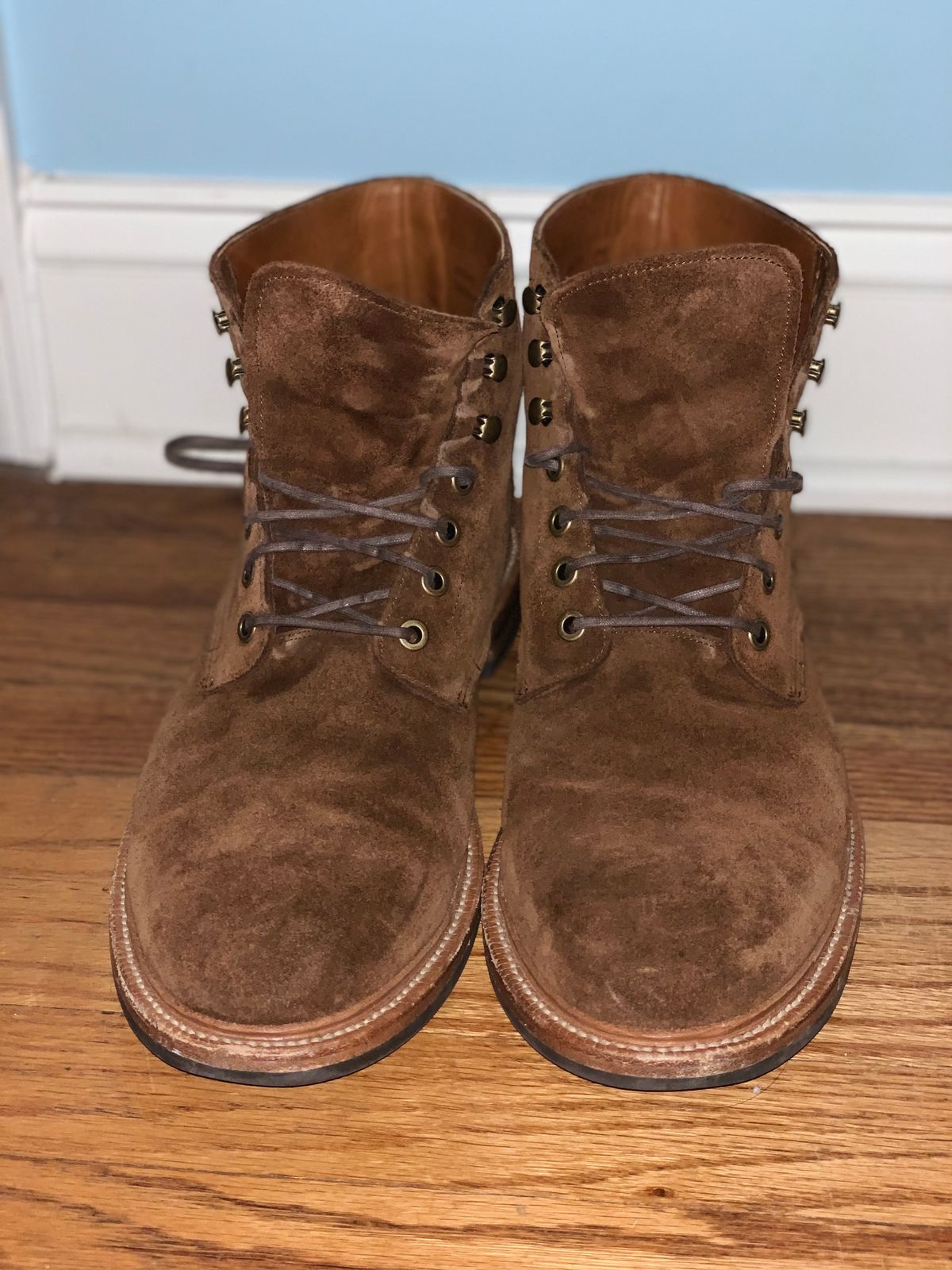 Photo by Sticks_and_Stones on December 6, 2022 of the Grant Stone Diesel Boot in C.F. Stead Bourbon Repello Calf Suede.