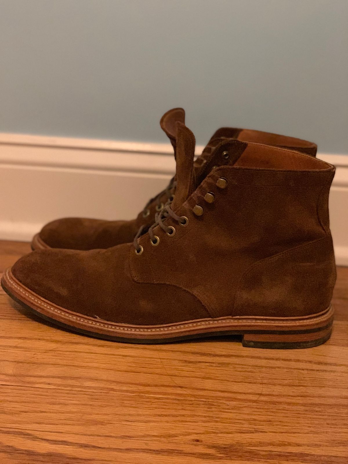 Photo by Sticks_and_Stones on December 6, 2022 of the Grant Stone Diesel Boot in C.F. Stead Bourbon Repello Calf Suede.
