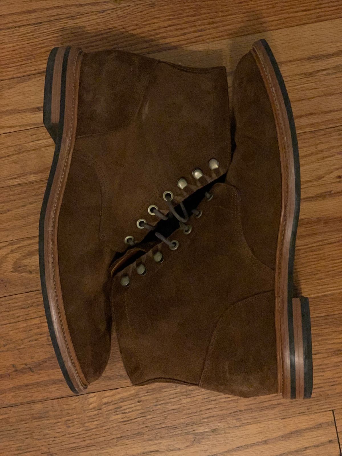 Photo by Sticks_and_Stones on December 6, 2022 of the Grant Stone Diesel Boot in C.F. Stead Bourbon Repello Calf Suede.