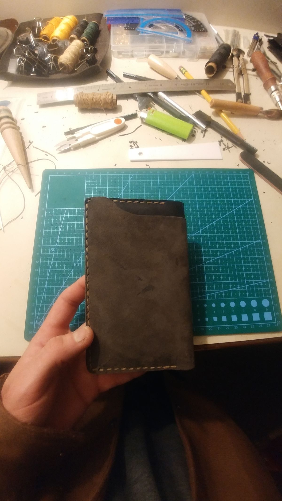 Photo by J.Seven on January 10, 2026 of the Self-Made Field Notes Holder in Horween Black Stampede CXL.