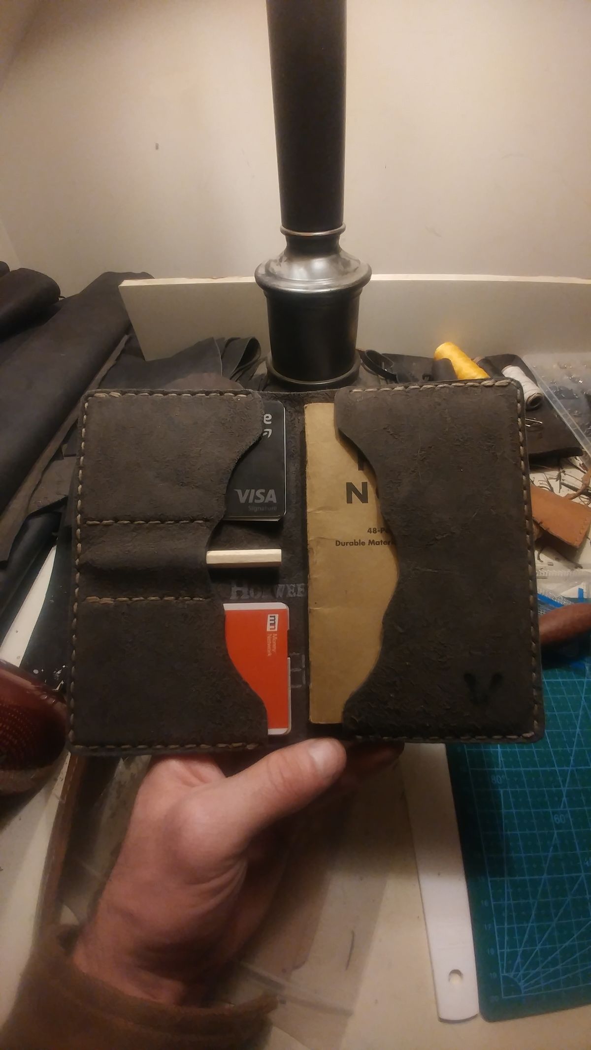 Photo by J.Seven on January 22, 2026 of the Self-Made Field Notes Holder in Horween Black Stampede CXL.