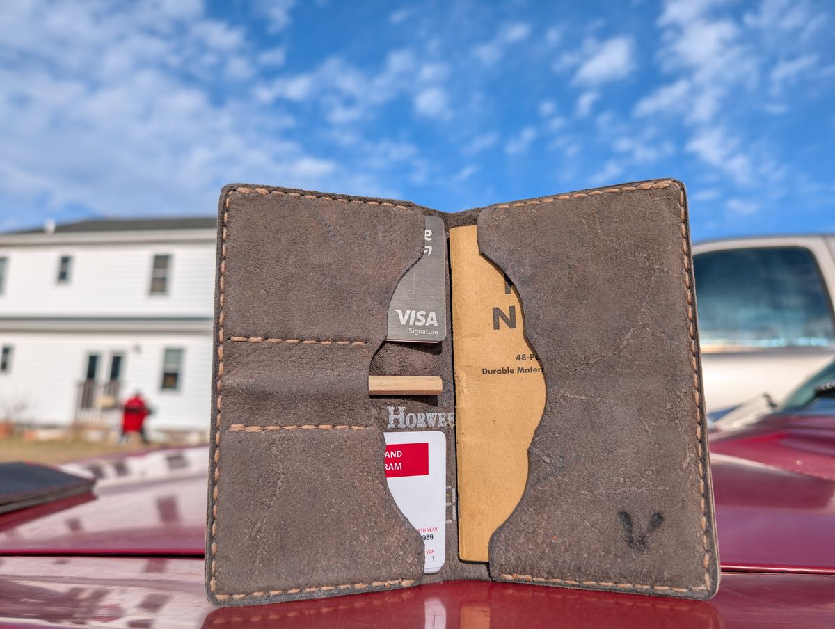 Photo by J.Seven on February 21, 2026 of the Self-Made Field Notes Holder in Horween Black Stampede CXL.