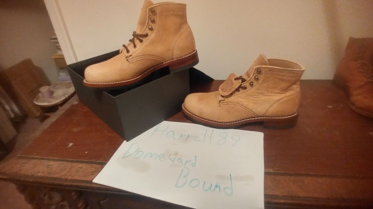 Photo by J.Seven on October 11, 2023 of the Wolverine 1000 Mile Evans Boot in Horween Olive Tanned.