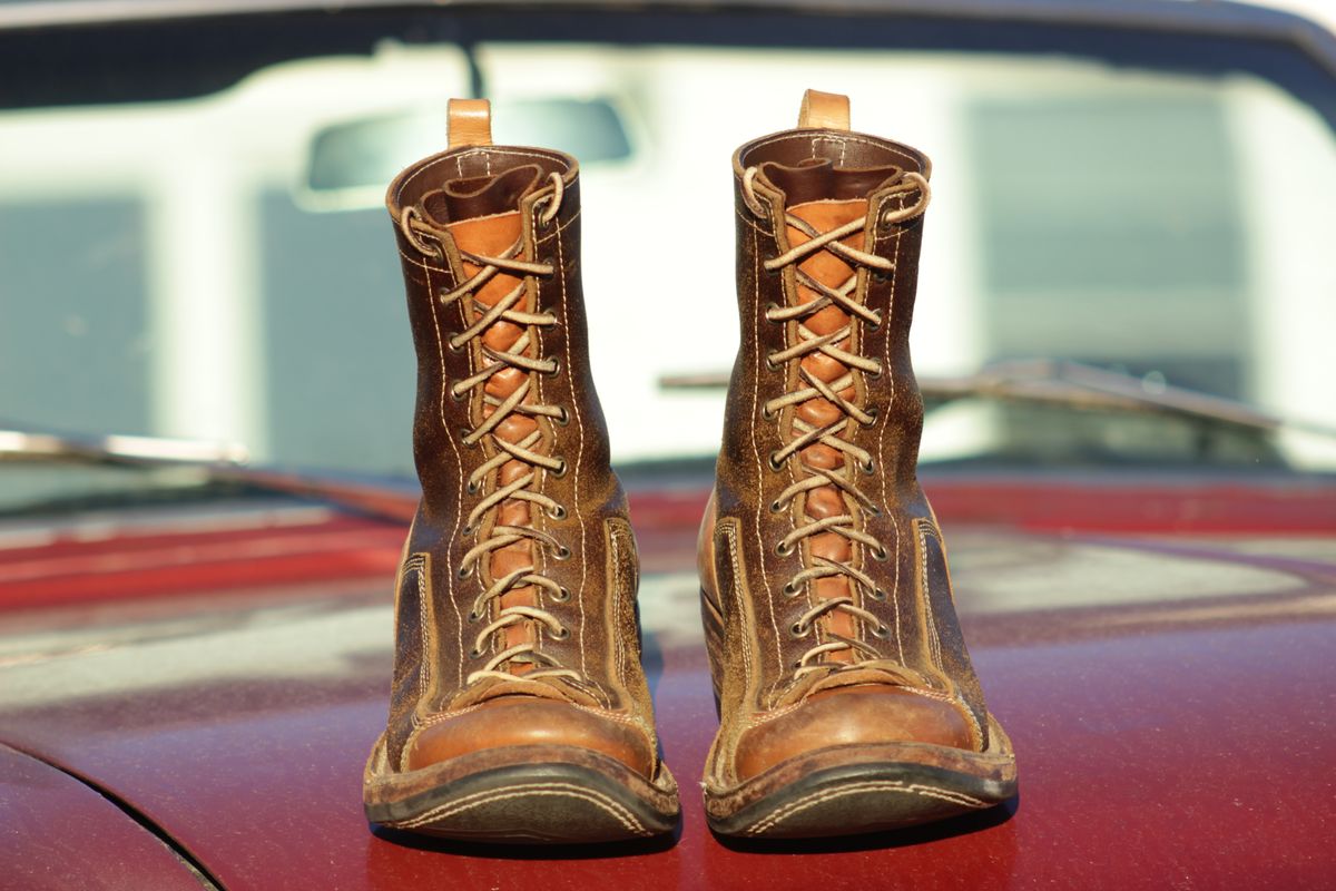 Photo by J.Seven on October 5, 2025 of the Frank's Boots Monkey Boot in Horween Cinnamon Waxed Flesh & Wickett & Craig Russet Traditional Harness.