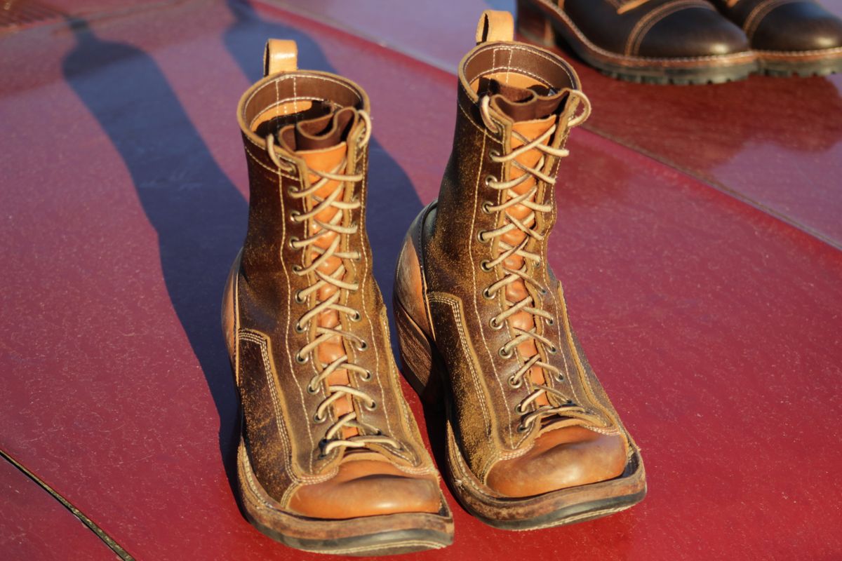 Photo by J.Seven on October 5, 2025 of the Frank's Boots Monkey Boot in Horween Cinnamon Waxed Flesh & Wickett & Craig Russet Traditional Harness.