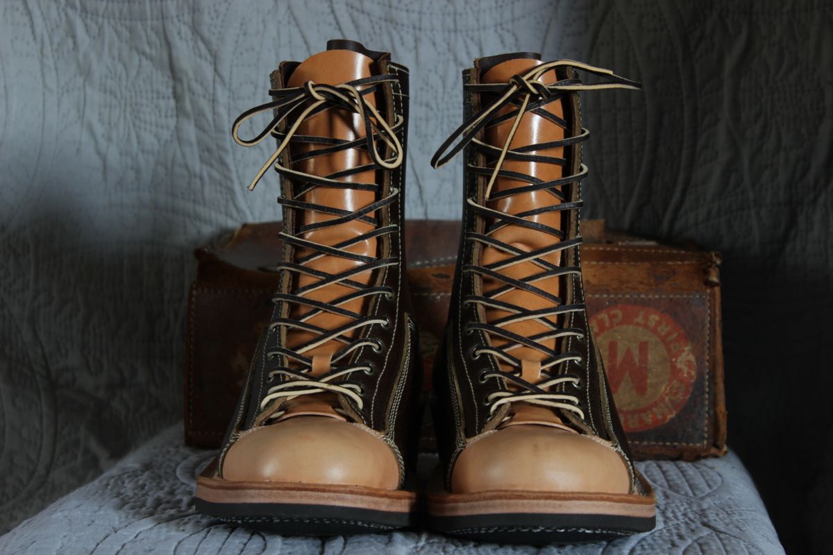 Photo by J.Seven on October 8, 2024 of the Frank's Boots Monkey Boot in Horween Cinnamon Waxed Flesh & Wickett & Craig Russet Traditional Harness.