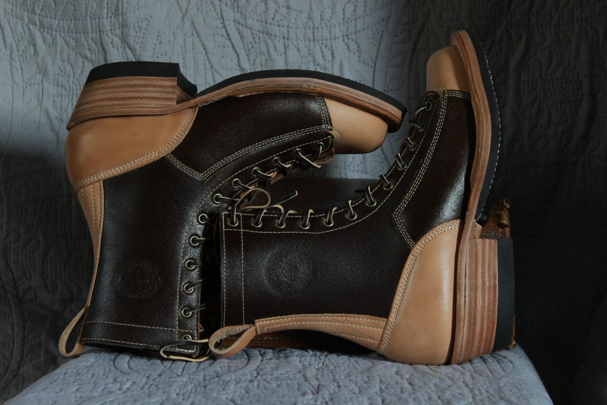 Photo by J.Seven on October 8, 2024 of the Frank's Boots Monkey Boot in Horween Cinnamon Waxed Flesh & Wickett & Craig Russet Traditional Harness.