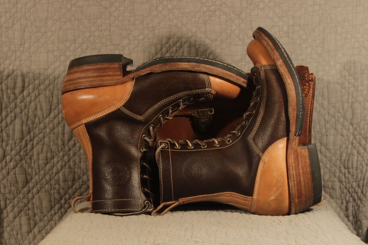 Photo by J.Seven on December 6, 2024 of the Frank's Boots Monkey Boot in Horween Cinnamon Waxed Flesh & Wickett & Craig Russet Traditional Harness.