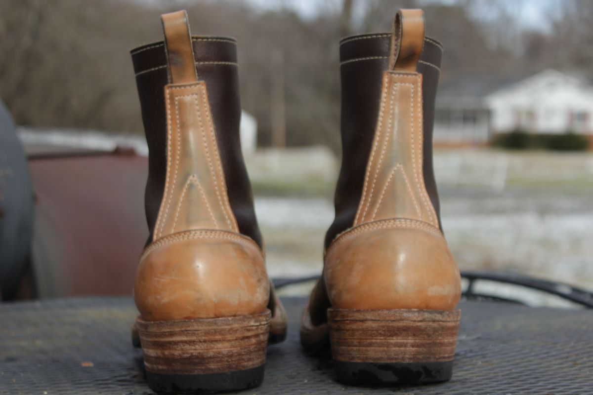 Photo by J.Seven on January 6, 2025 of the Frank's Boots Monkey Boot in Horween Cinnamon Waxed Flesh & Wickett & Craig Russet Traditional Harness.