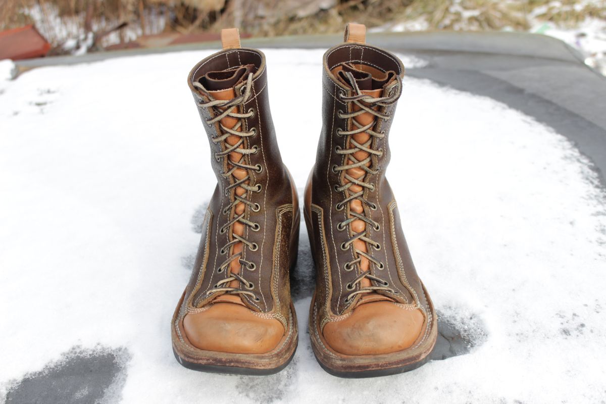 Photo by J.Seven on January 6, 2025 of the Frank's Boots Monkey Boot in Horween Cinnamon Waxed Flesh & Wickett & Craig Russet Traditional Harness.