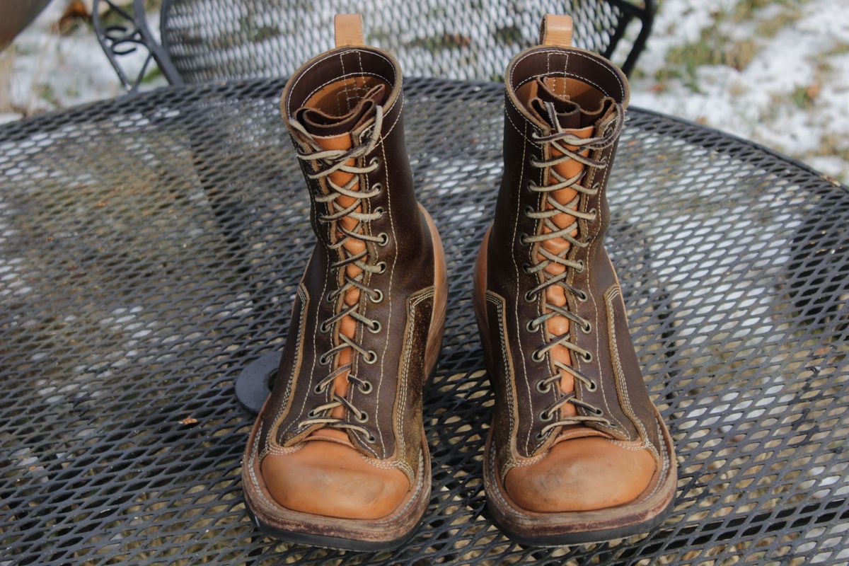 Photo by J.Seven on January 5, 2025 of the Frank's Boots Monkey Boot in Horween Cinnamon Waxed Flesh & Wickett & Craig Russet Traditional Harness.