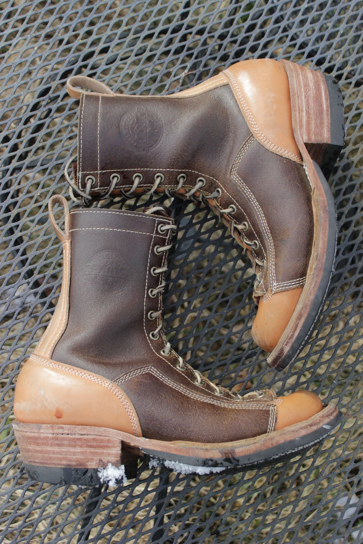 Photo by J.Seven on January 5, 2025 of the Frank's Boots Monkey Boot in Horween Cinnamon Waxed Flesh & Wickett & Craig Russet Traditional Harness.